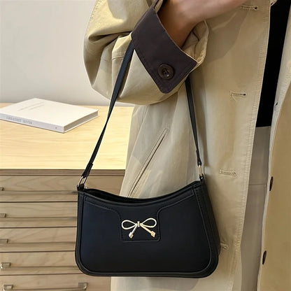 Chic Black Crescent Shoulder Bag for Women Elegant Underarm Purse with GoldenTone Bow Detail Polyester Lined Stylish PU Tote Bag