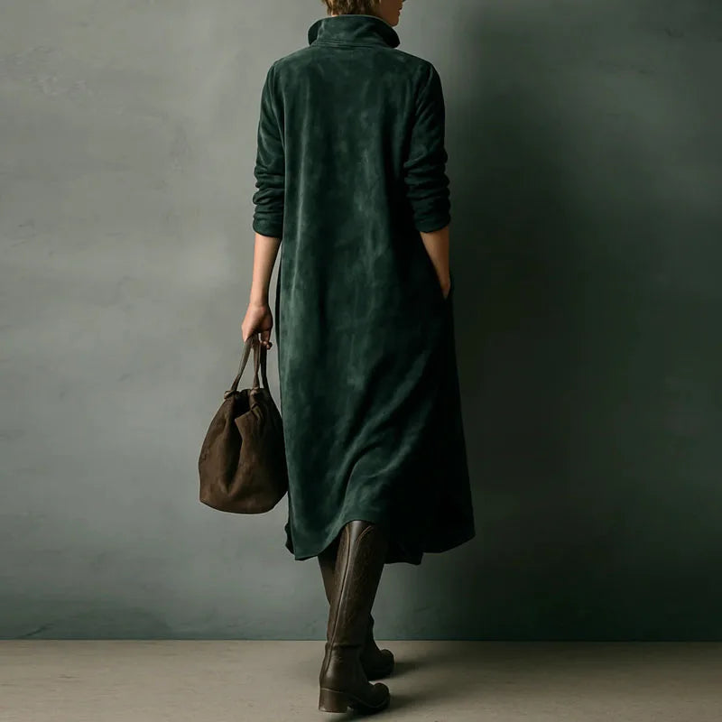 Vintage Solid Suede Female Clothing Autumn Fashion Turn-down Collar Button Pullover Dress Winter Long Sleeve Woman Party Dresses