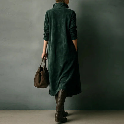 Vintage Solid Suede Female Clothing Autumn Fashion Turn-down Collar Button Pullover Dress Winter Long Sleeve Woman Party Dresses
