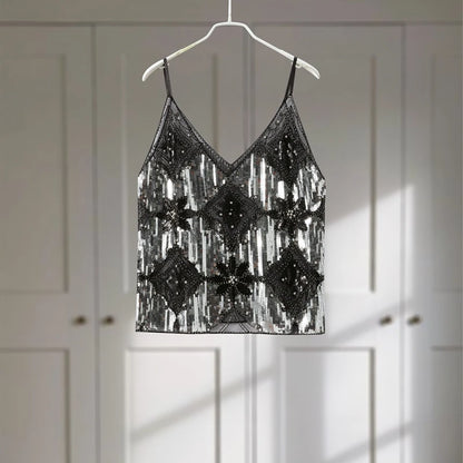 Sexy Sequins Beaded Camisoles Women Glitter Sleeveless Backless Pleated Sling Crop Tops 2026 Spring Summer Club Party Tank Lady