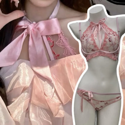 Butterfly Mambo Bra Set 32-38, Embroidered Ribbon Bow Neckband Lingerie, Sexy Pure Desire Bralette and Panty Set Women Sexy AB