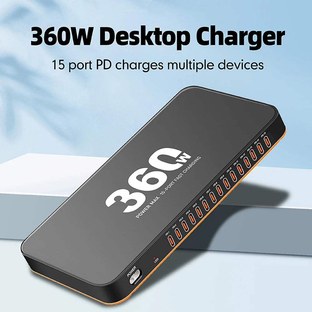 360W USB Charger 15 in 1 Desktop PD 24W Fast Charge USB Type C Charger LED Display Charger For iPhone Xiaomi Smartphone Laptop