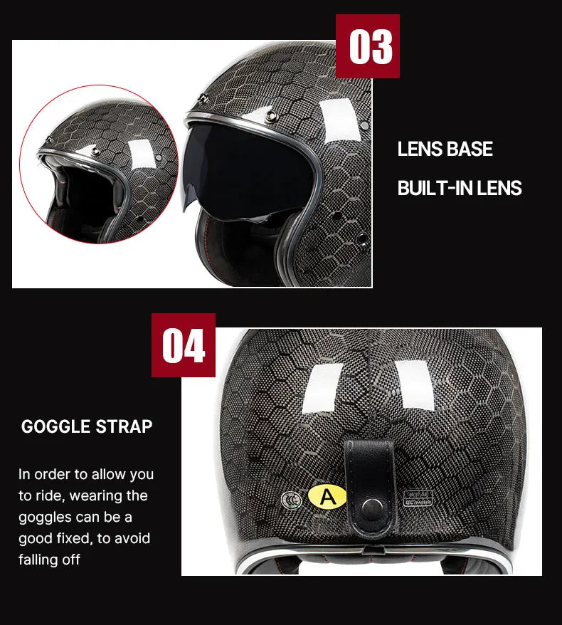 DOT Approved 12K Carbon Fiber Open Face Helmet with Visor Motorcycle Helmet Cascos Para Motos 3K 12K Jet Helmets Four Seasons