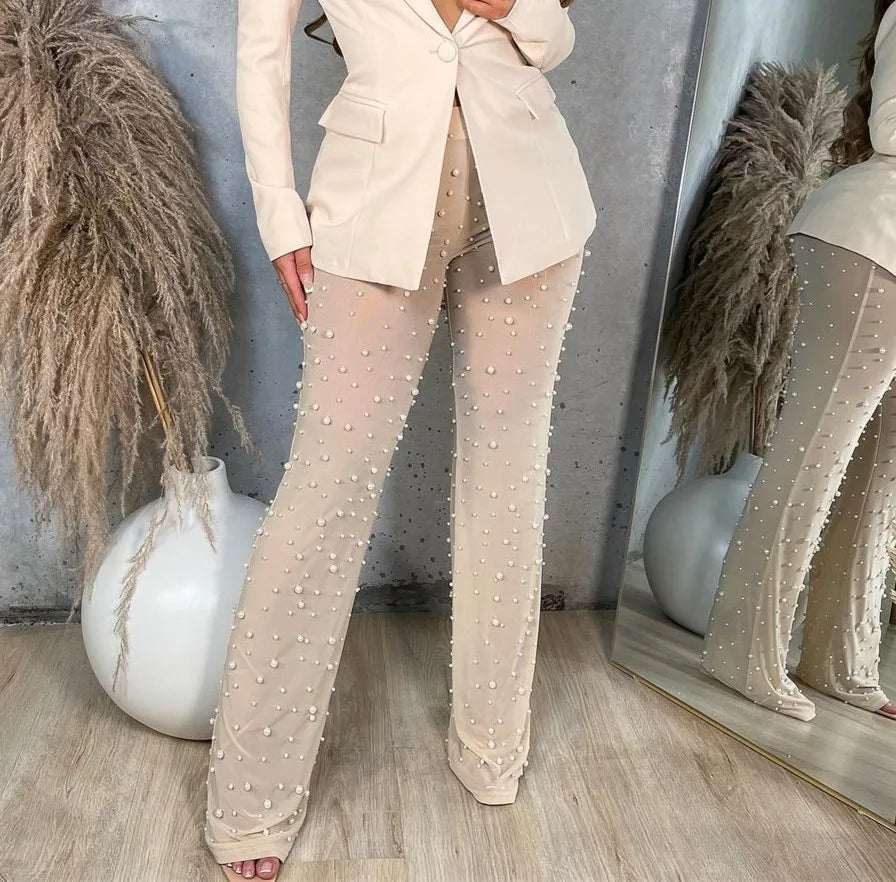 Fall Women's Wide Leg Beaded Pants 2024 Mesh Comfortable Commuter Casual Solid Color Ladies Loose Straight Leg Pants