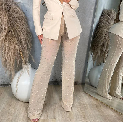 Fall Women's Wide Leg Beaded Pants 2024 Mesh Comfortable Commuter Casual Solid Color Ladies Loose Straight Leg Pants
