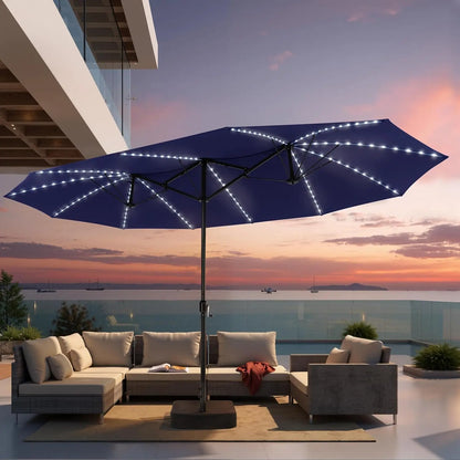 15FT Double Sided Umbrella with 144 LED Solar Lights, Outdoor Patio Umbrella with Base, Large Rectangle Market, Customized