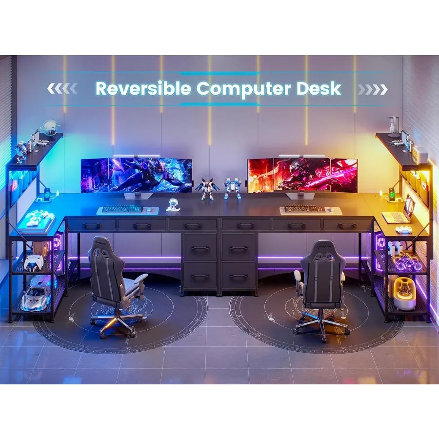 L Shaped Gaming Desk 47.2 Reversible Small Computer Desk with 5 Drawers and Storage Shelves Corner Gaming Desk with LED Lights