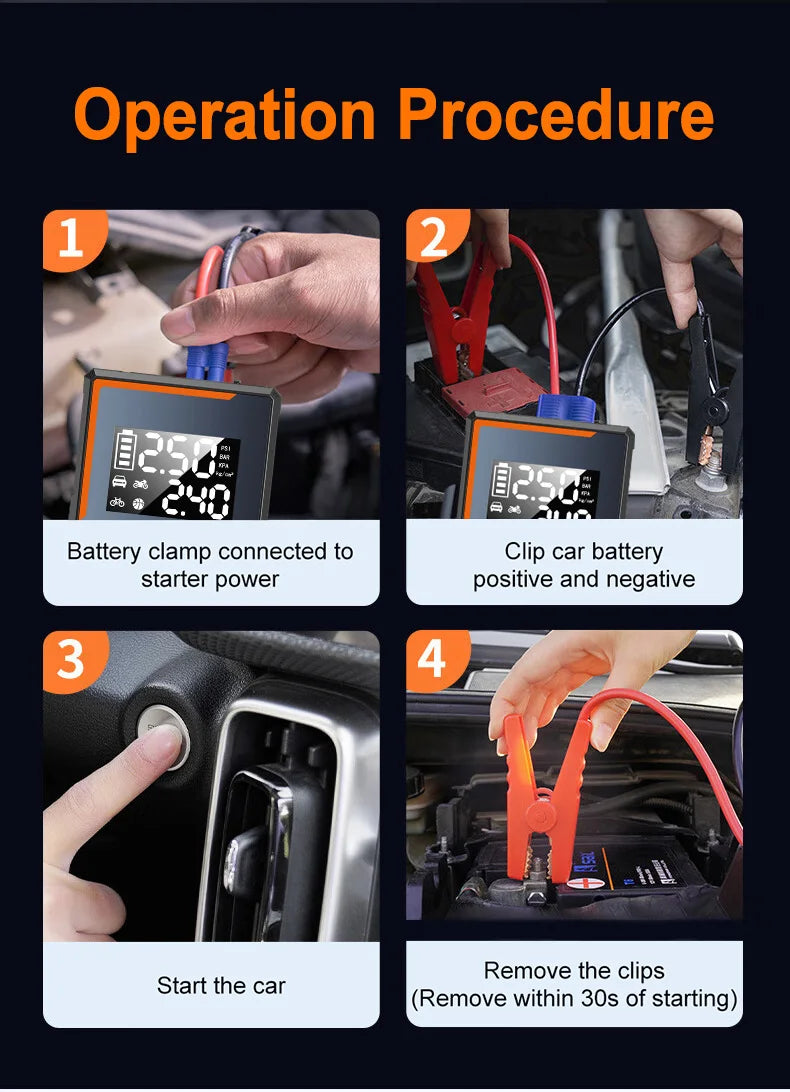 2025 Newest All-in-One Car Emergency Jump Starter & Air Pump 1200A Peak 150PSI Tire Inflator with LED Light & Power Bank