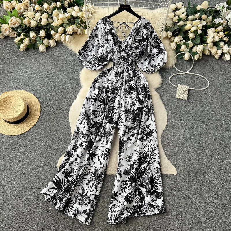 Women's Print Jumpsuit Casual V-neck Bubble Sleeve Backless Lace-Up Slimming Summer Beach Vacation Loose Wide Leg Jumpsuit