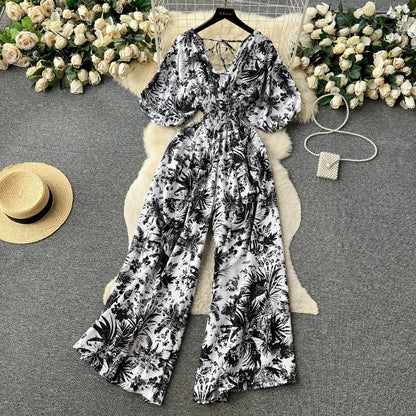 Women's Print Jumpsuit Casual V-neck Bubble Sleeve Backless Lace-Up Slimming Summer Beach Vacation Loose Wide Leg Jumpsuit