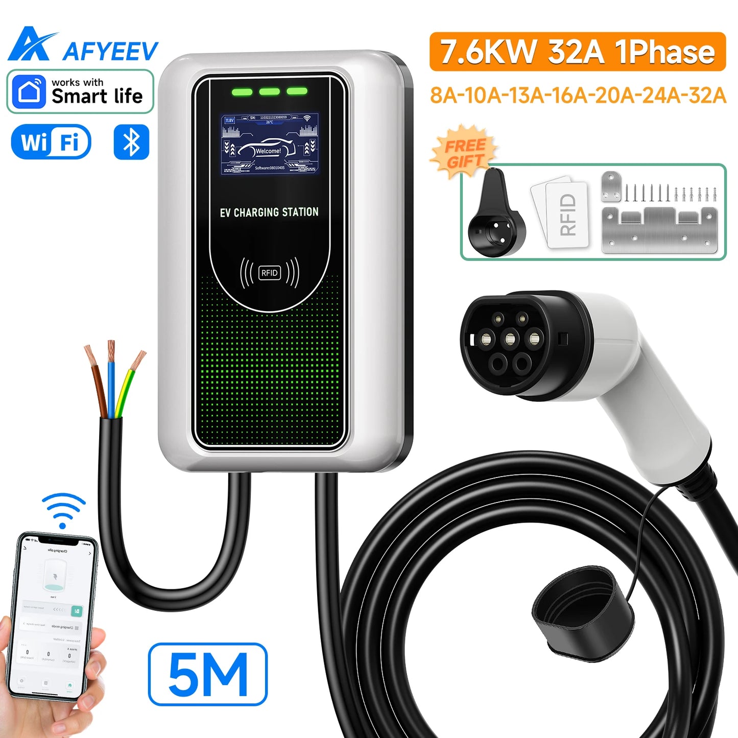 AFYEEV Type2 EV Charger 32A 7.6KW Charging Station Car Charger 11KW 22KW 3Phase EVSE Wallbox APP Bluetooth WiFi Remote Control