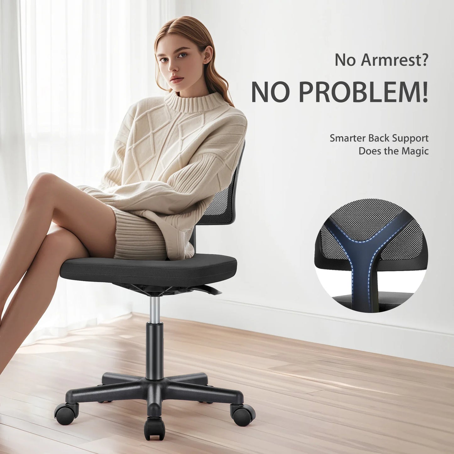 MCQ Armless Office Chairs with Swivel Rolling Wheels Ergonomic Mesh Mid Back Adjustable Height Computer Work Vanity Desk Chairs