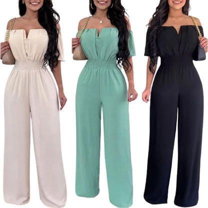 Summer New Women Sexy One Line Shoulder Solid Color Short Sleeve Jumpsuit Slim Elastic Waist Loose Straight Female Long Jumpsuit