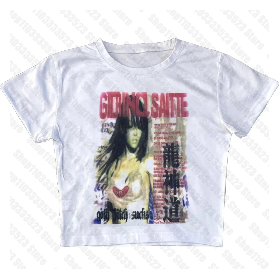 Y2k Style Fashion T-shirts Summer Gothic Slim 2000s Vintage Graphic T-shirts Punk Women Short Sleeve Sexy Streetwear T-shirts