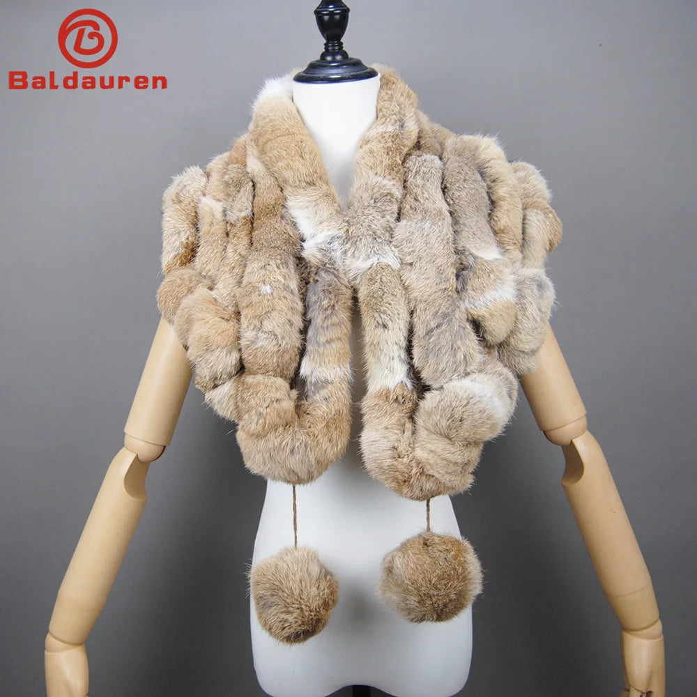 New Lady Winter Real Rabbit Fur Scarf Natural Warm Soft Rabbit Fur Shawl Women Fashion Outdoor Knit 100% Real Rabbit Fur Scarves