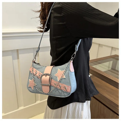 Y2k Hot Girls Denim Shoulder Bags Retro Rivet Star Women's Underarm Bag Portable Female Chain Armpit Bag Small Purse Handbags