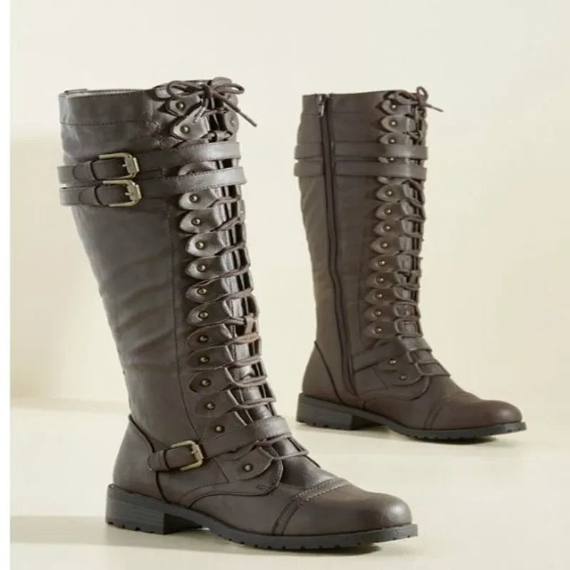 Women Knee high Boots Autumn Winter Lace Up Flat Shoes Sexy Steampunk PU Retro Buckle women shoes Ladies Snow Boots yui8