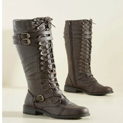 Women Knee high Boots Autumn Winter Lace Up Flat Shoes Sexy Steampunk PU Retro Buckle women shoes Ladies Snow Boots yui8