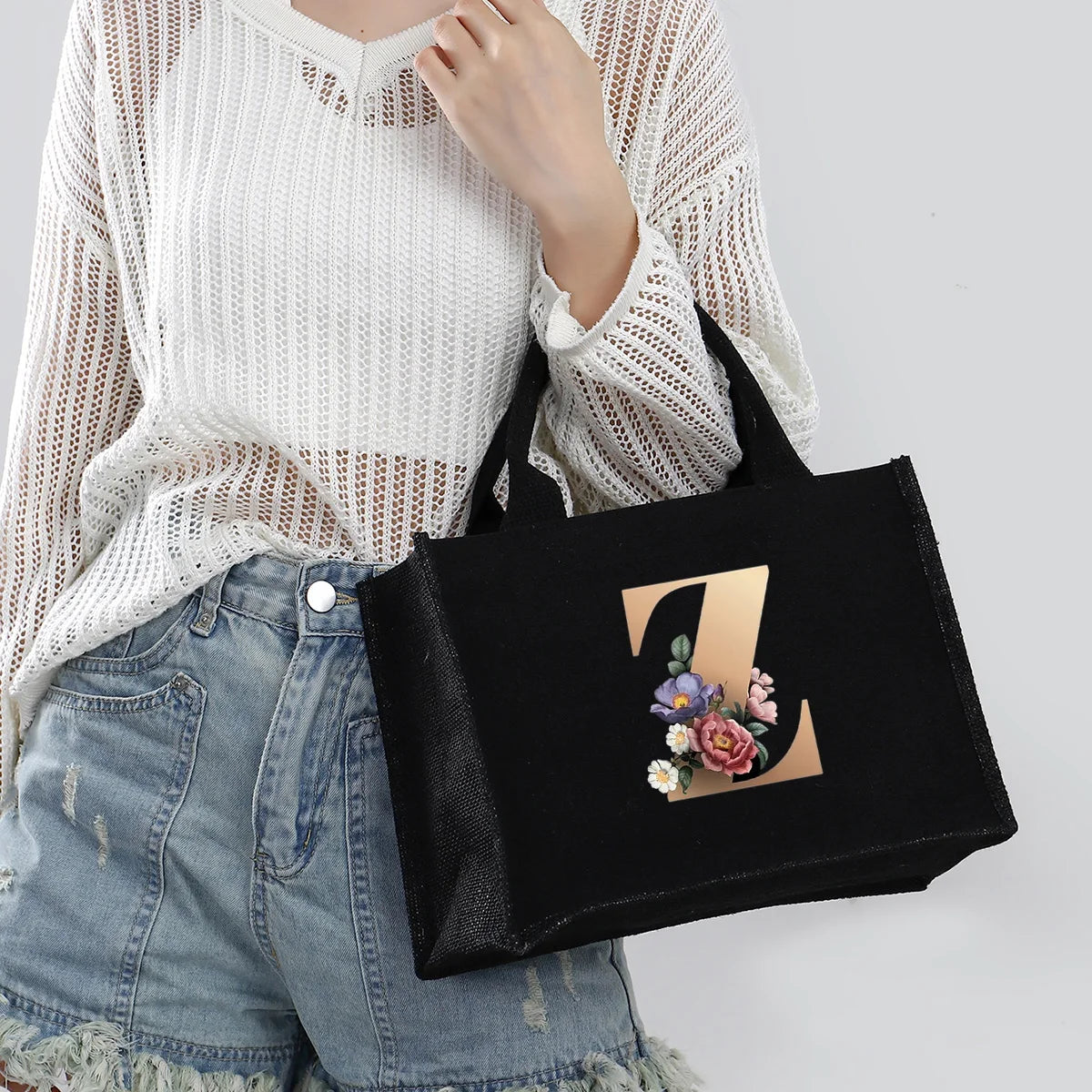 Black hand-held canvas bag, 26 letter printed women's handbag, large capacity portable leisure beach bag, indoor waterproof