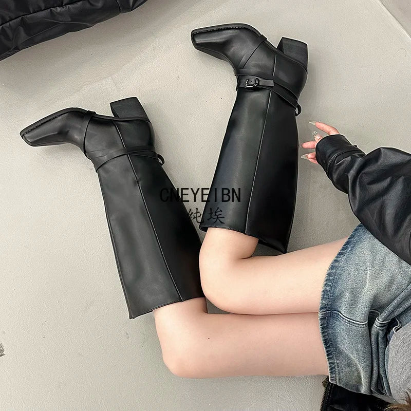 New Women Square Toe Cross Strap Buckle Knee High Boots Leather Chunky Heel Vintage Tall Boots Ladies Daily Commute Botas Mujer
