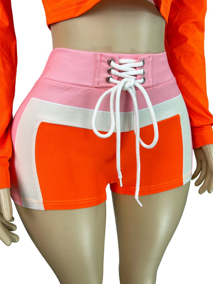 Joskaa Women 2025 Spliced 3 Piece Set Clothes Long Sleeve Cardigan Crop Top Jacket Jogger Biker Shorts Outfits Y2k Tracksuits