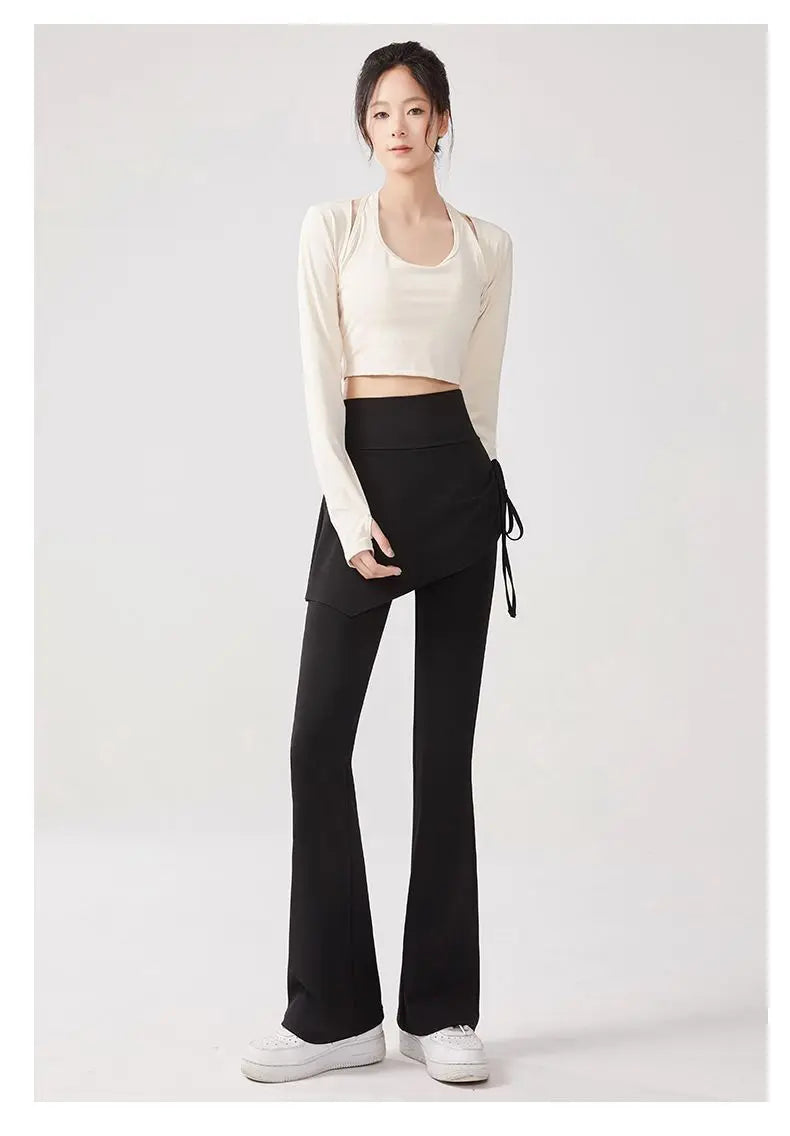 Women's Flare Pants with Skirt Overlay - High Waist Casual Bootcut Leggings