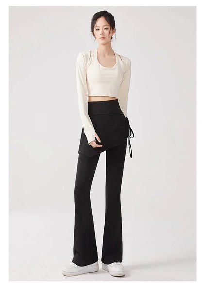 Women's Flare Pants with Skirt Overlay - High Waist Casual Bootcut Leggings