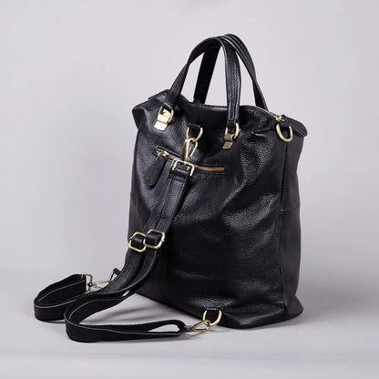 Fashionable Soft Top Layer Cowhide Backpack Large Women's Bag Black Versatile Ladies Handbag Shoulder Bag for All Occasions