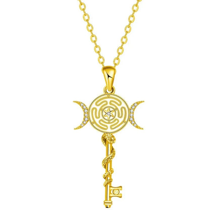 Hekate Wheel Necklace for Women Men 18K Gold Plated Snake Key Triple Moon Goddes Pendant Necklaces Pagan Jewelry