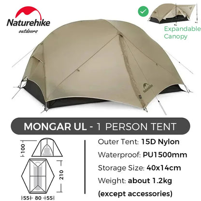 Naturehike Mongar 2 UL/PRO 1-2 Person Backpacking Tent Nylon Waterproof Ultralight Travel Trekking Shelter Tent with Footprint