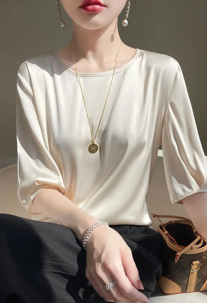 Summer satin Women Blouse Silky Loose Woman Shirt lady's half Sleeve tops Casual solid t-shirt O-Neck pullover women's clothing