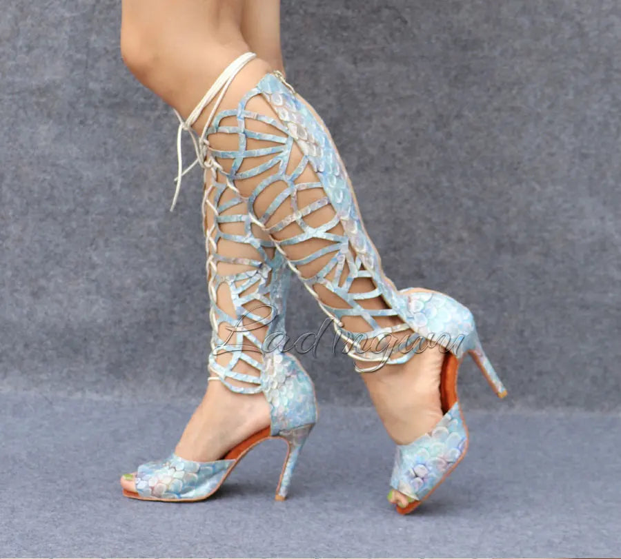 Ladingwu High-end Custom Material Fish Scale Texture Women Dance Shoes Sexy Pole Dance Boots Ladies Wedding Ballroom Shoes