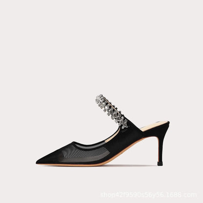 2024 New One Word Water Diamond Women's Summer Baotou Mesh Fine Heels Pointed High Heels Black Slippers