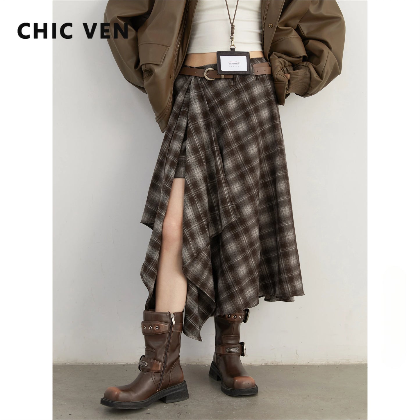 CHIC VEN Women Skirts A Line Retro Loose High Waist Irregular Color Plaid Frosted Half Body Long Ladies Skirt Autumn Winter 2026