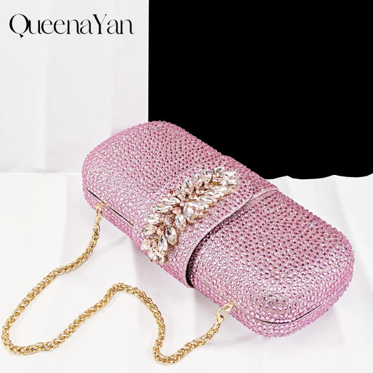 QueenaYan 2026 New Shiny Italian Fashion Pointed Toe Women Heel Fashion Rhinestone Decoration Pink Color Shoes And Bag Set