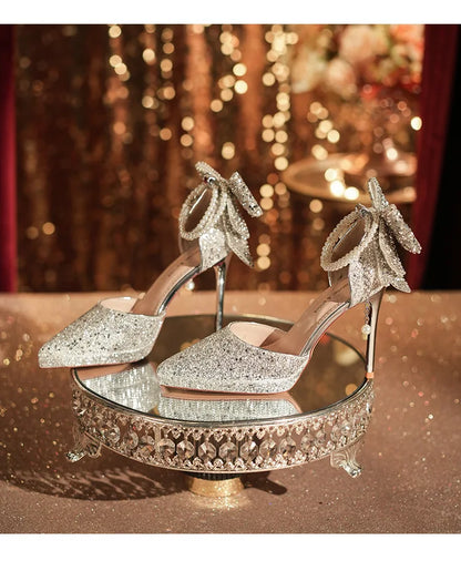 Shiny Glitter Bow Pearl Chain High Heels Wedding Banquet Dress Wedding Shoes Women's Shoes