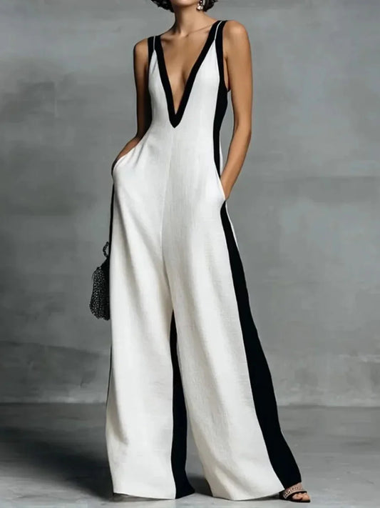 Sexy Deep V Neck Wide Leg Jumpsuit Women Summer Sleeveless Backless Vintage Elegant Color Blocking Pants Jumpusits Woman Romper