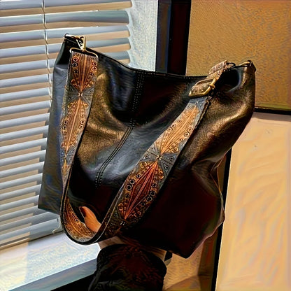Bohemian Style Women Shoulder Bag, Vintage Wide Strap Crossbody with Intricate Embroidery, Versatile for Casual Commuting Wear