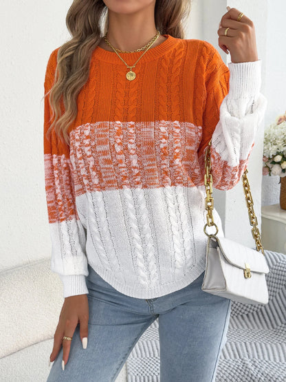 Woman Casual Color Block Striped Sweater Round Neck Lantern Long Sleeve Twist Knitted Tops for 2025 Autumn Winter Women Clothes