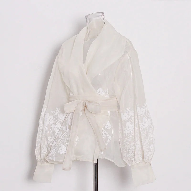 TWOTWINSTYLE Colorblock Patchwork Lace Up Shirts For Women V Neck Lantern Long Sleeve Temperament Blouses Female Fashion Style