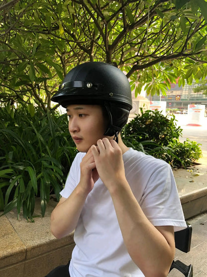 Retro Leather Motorcycle Helmets For Men Women Vintage Moto Half Helmet With Goggles Four Seasons Riding Scooter Capacetes