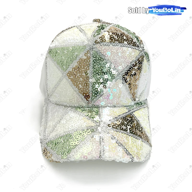 Summer Shiny Sequin Back Mesh Adjustable Cotton Baseball Cap Sun Hat