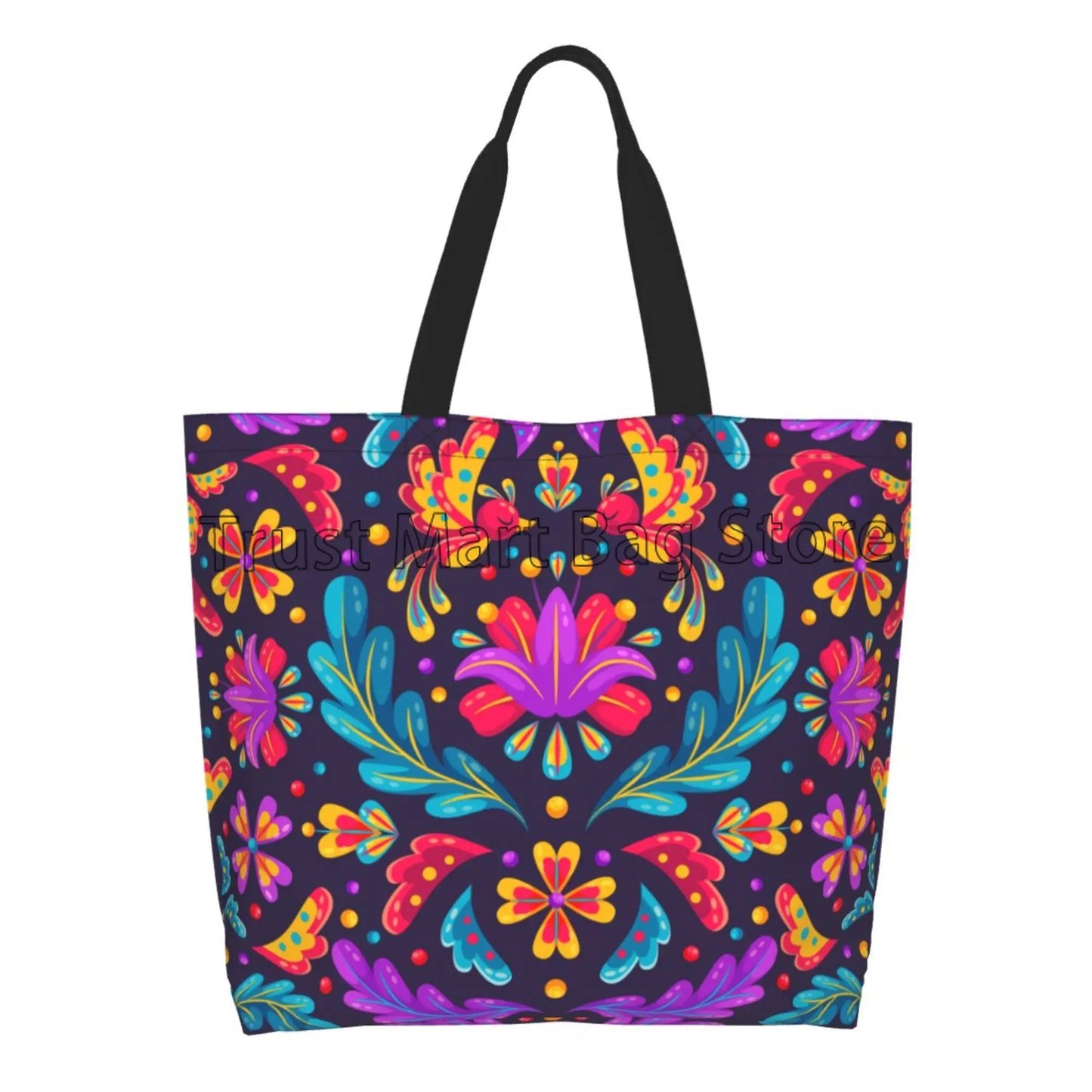 Mexican Ethnic Flowers Tote Bag Large Capacity Zipper Women Grocery Bags Purse Shopping Handbags Casual Travel Shoulder Bag
