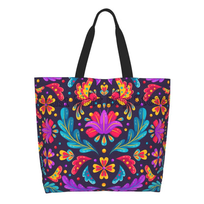 Mexican Ethnic Flowers Tote Bag Large Capacity Zipper Women Grocery Bags Purse Shopping Handbags Casual Travel Shoulder Bag