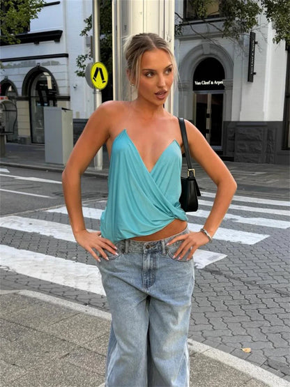 Weird Puss Hottie Backless Tank Top Women Sexy Cross Ruched Patchwork Sleeveless Stretch Wild Trend Midnight Street Club Vest