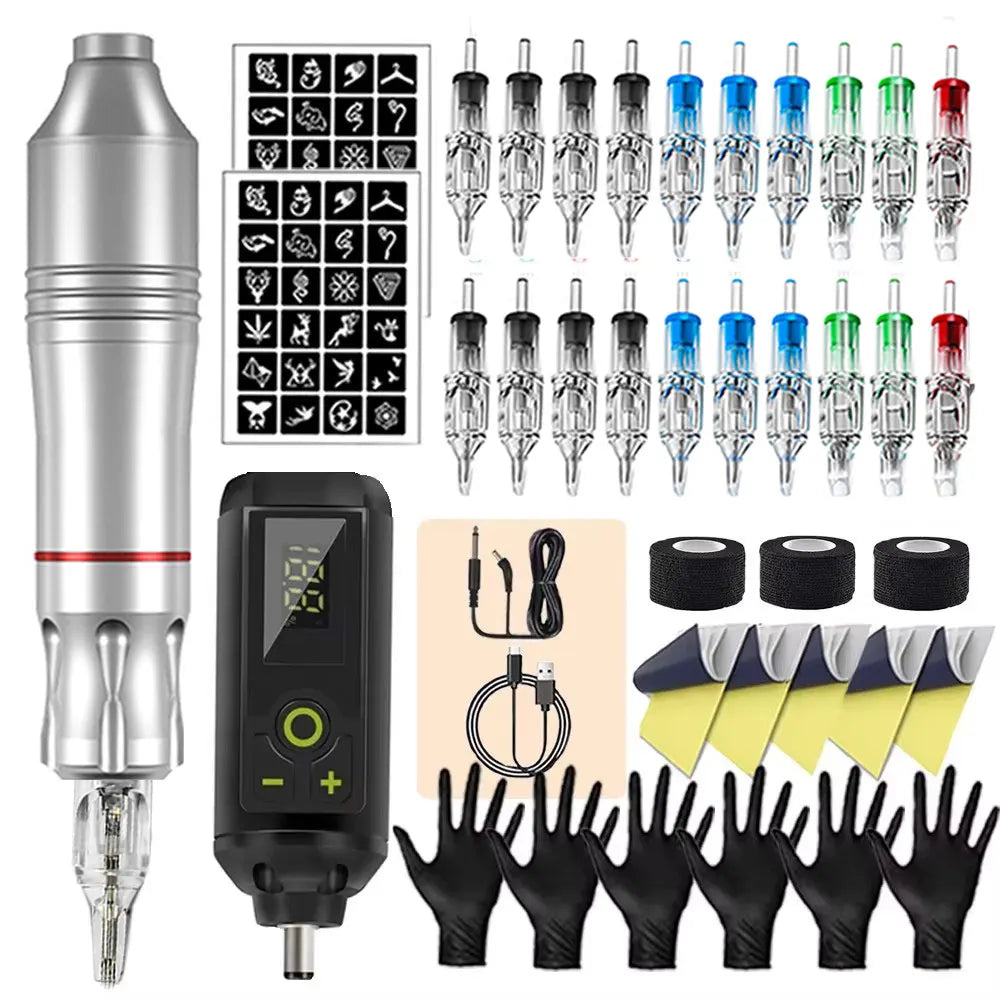 Tattoo Kit Rotary Wireless Tattoo Machine Pen with Tattoo Cartridge Needles Accessories Set Tattoo Design Draw Kit