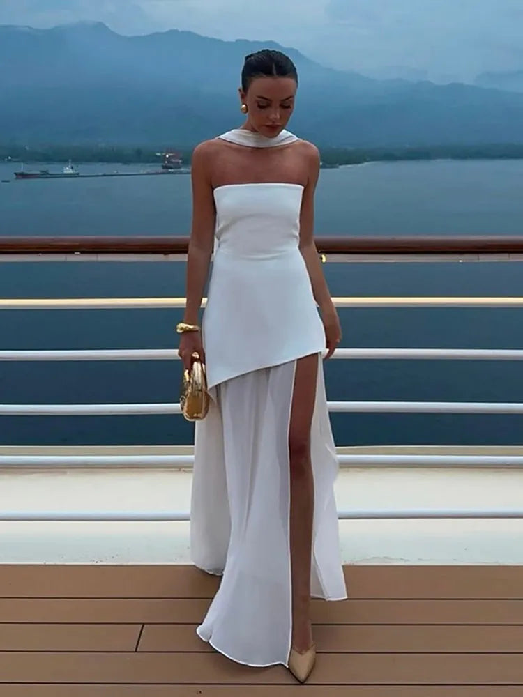 White Sexy Lace Flare Sleeve Dress Off Shoulder Slim Maxi Dresses Women 2024 Female Hollow Out Mermaid Floor Length Elegant Robe