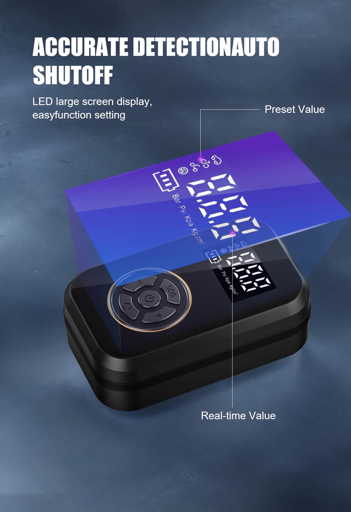 Multifunction Digital Air Pump, Portable Tire Inflator with SOS Light for Car Motorcycle Bicycle Tires, Balls, Boats, Camping