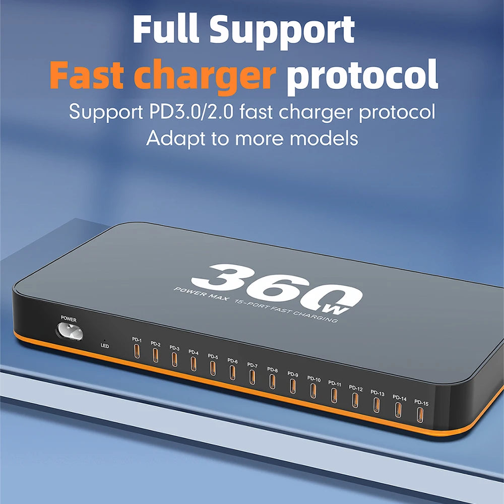 360W USB Charger 15 in 1 Desktop PD 24W Fast Charge USB Type C Charger LED Display Charger For iPhone Xiaomi Smartphone Laptop