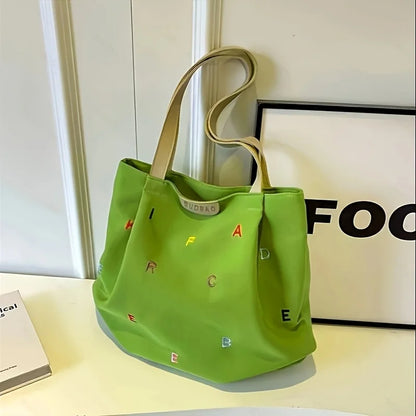 Women's large-capacity canvas handbag - fashionable embroidery letter design, green shoulder handbag
